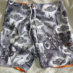Harley-Davidson Gray Board Shorts with Motorcycle Print
